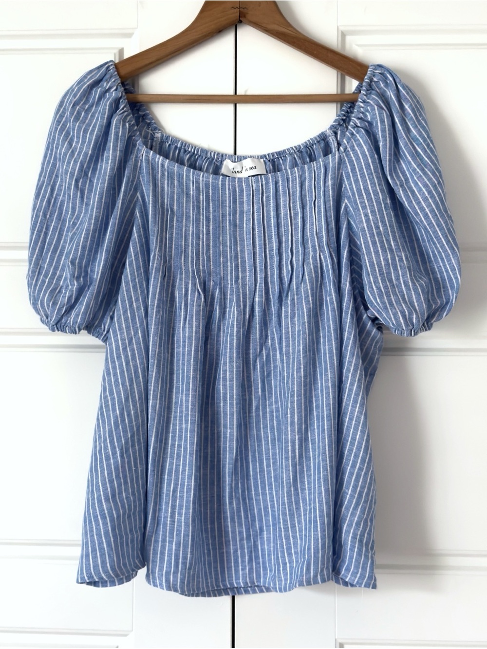 Land N Sea Linen Blend Striped Top XL Blue White Coastal Cottagecore Puff Sleeve